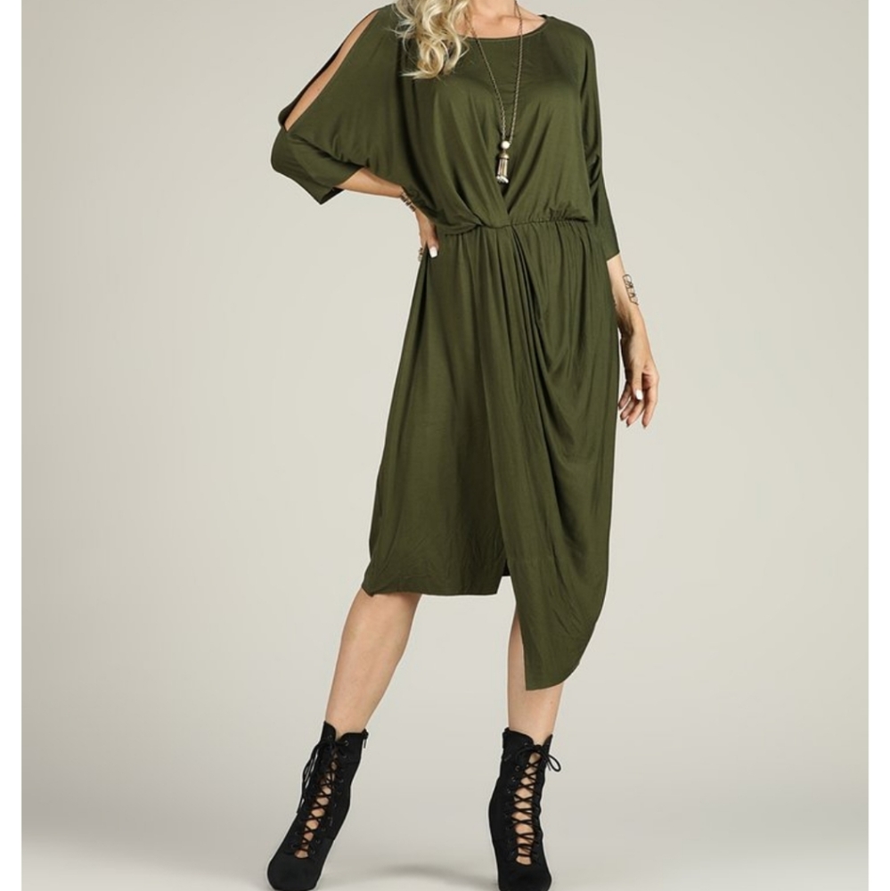 NWT Olive Green Cutout Asymmetrical Hem Midi Dress